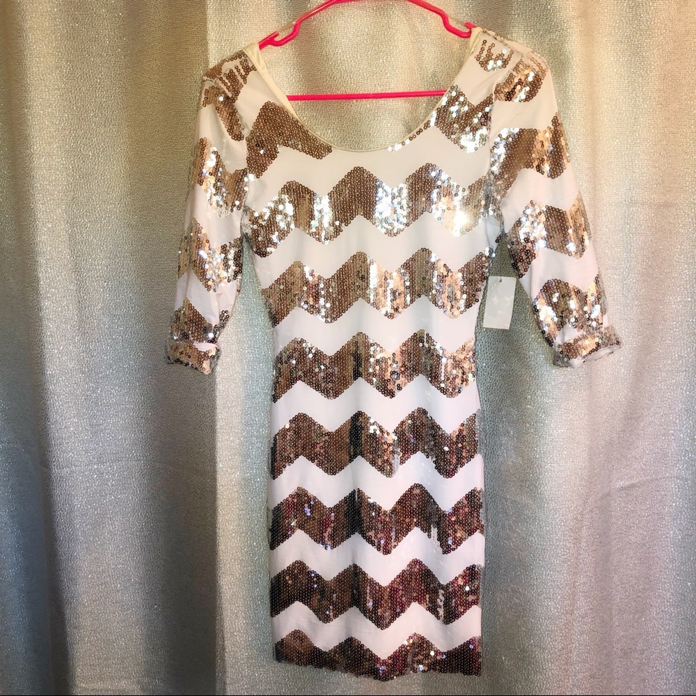 White and silver sequin chevron mini dress